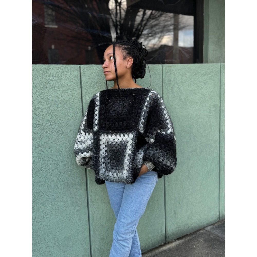 Handmade Crochet Granny Square Cardigan Black Grey White Boho Sweater